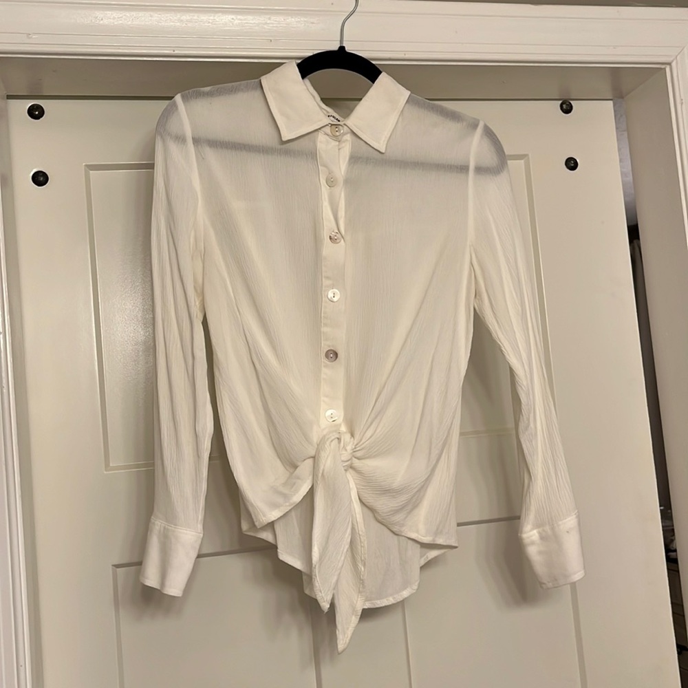 Off-white button-down lightweight top with tie closure